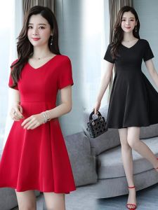 Korean Style Summer New Red Dress Pocket Handkerchief Short Sleeve V-Neck Slimming Elegant plus Size with Pocket Towel