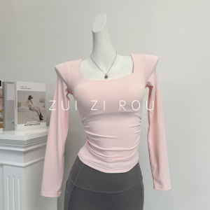 เสื้อออกกำลังกายทรงเข้ารูปสำหรับผู้หญิง ทรงพับ ทรงสี่เหลี่ยม แขนยาว ระบายอากาศได้ดี ดูดซับเหงื่อ แห้งเร็ว ชุดโยคะ ชุดออกกำลังกาย ฤดูใบไม้ผลิและฤดูใบไม้ร่วง