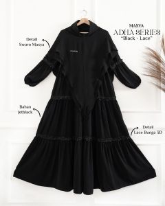 Set Baju Gamis Dress Hitam Jetblack Black Stripe Mewah Premium Branded Masya Syari Terbaru Lebaran Adha Series MADENIA SYARI By MASYA