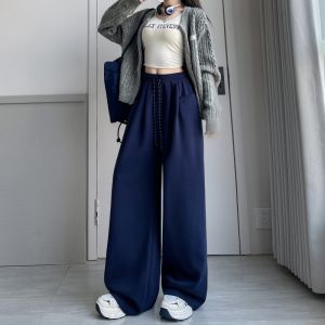 Quần Ống Rộng Cạp Cao Màu Xanh Lam Cho Nữ Mùa Xuân Thu Quần Dài Thể Thao Rộng Rãi Thoải Mái Quần Dài Thường Ngày