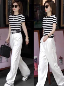Shalldoer | Casual Stylish Summer Suit Loose Striped Top White Denim Wide Leg Pants Set