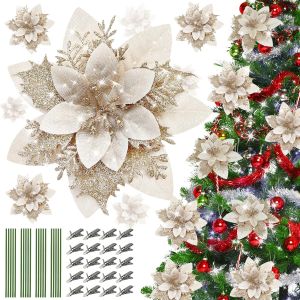 20pcs Artificial Xmas Christmas Flowers & Wreath: Red/Champagne/White/Gold Mounting Clips & Stand Included 2025 2026 New Year