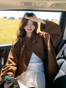 Retro Suede Short Jacket Womens Double-Buttoned Biker Style Stand Collar Autumn Fashion Casual Loose Fit Polyester Fiber