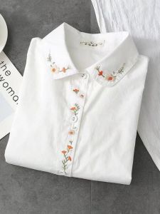 Áo Sơ Mi Trắng Cotton Dài Tay Rộng Rãi Thêu Hoa Mận Ngọt Ngào Cho Nữ Mùa Thu Thường Ngày Thoải Mái Thoáng Khí