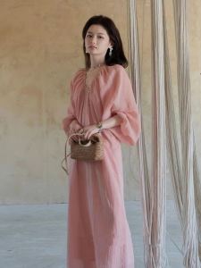 Elegant Pink Dress High Waist A-Line Skirt Commute Style Korean Fashion Pleated Detail Polyester Blend Short Sleeve