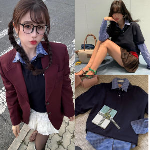 เสื้อเชิ้ตผู้หญิงแขนยาวลายสก็อตสีน้ำเงิน Miu Series ผ้าฝ้ายลินิน ทรงตรง คอเหลี่ยม ปกติ สำหรับร้านอาหารกลางวัน