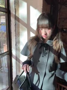 Gray Luxury Cape Double Breasted Jacket and Half Skirt Set
