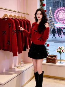XUECAIQI | New Year Outfit Elegant Little Black Dress Style Womens Two-piece Set