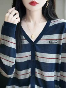 Loose Long Sleeve Womens T-Shirt Spring Autumn New Style Striped Bamboo Rayon Base Shirt Inner Wear Outer Wear Cover up