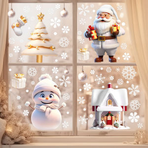Santa Claus Stickers Blue Snowman Window Decorations Glass Static Stickers Christmas Decorations Snowflake Window Stickers
