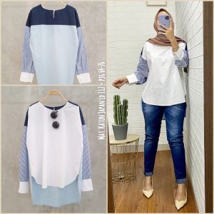 ATASAN KOMBINASI BB GARIS OVERSIZE -PAKAIAN WANITA BAJU KANTOR FIT L -  XXL (697)