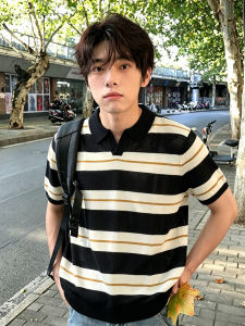 LIUBU | Breathable Polo T-Shirt with Contrast Stripes Seagull Collar Retro Style