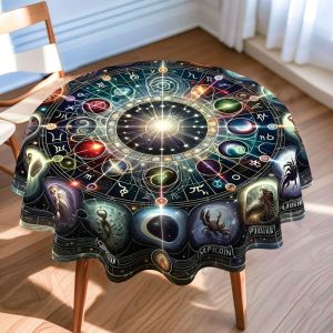 VIKAMA Zodiac Round Tablecloth Mystical Astrology Constellation Wheel Celestial Witchy Round Table Cover Dining Room Decor