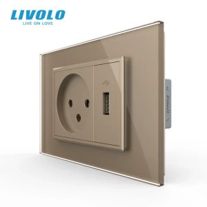 Livolo Israel Power Socket with USB Charger Tempered Crystal Glass Panel AC 250V16A Wall Electric Plug Outlet