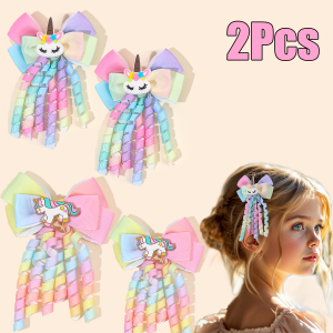 2Pcs Rainbow Unicorn Hair Clip Cute Curly Ribbon Tassel Magical Bow Hairpin For Kids Girls Party Daily Use Headwear Accessories