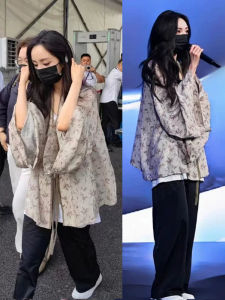 Loose Fit Bamboo Print Jacket Thin V-Neck Festival Style Womens Shirt Casual Commute Style Long Sleeve Cotton Blend Outerwear