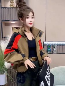 Casual Thin Cotton Jacket Womens New Long Sleeve Hooded Color Block Design Fashionable Loose Outerwear Anti-Aging Versatile