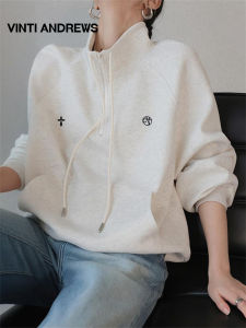 Womens Gray Long Sleeve Half Zipper Drawstring Loose Fit Pullover Sweatshirt