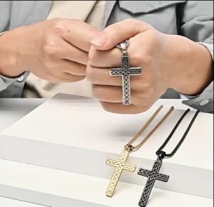Kemstone Mens Cross Pendant Necklace Stainless Steel Cross Black Gold Plated Jewelry
