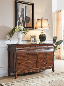 American-Style Solid Wood Chest of Drawers Storage Cabinet Bedroom 9 Chest of Drawers Living Room Sideboard Cabinet European-Style Locker Home Entrance Cabinet