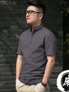 High-End Linen Short Sleeve T-Shirt Men Summer Loose Thin Casual Collar Button-Up Breathable Fashion Urban Youth Casual Top