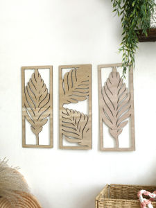 3 Pcs Wooden Art Wall Decor Boho Leaf Sign Wall Accent Rustic Palm Leaf Wood Wall Hanging Sculpture Vintage Tropical Plant Decor