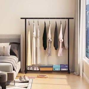 ราวตากเเสื้อเผ้า ราวมินิมอล ราวแขวนเสื้อผ้า บาร์เดี่ยว โครงเหล็ก รับน้ำหนักได้ 20กก พร้อมชั้นวางของ พร้อมล้อเลื่อนเคลื่อนย้ายสะดวก