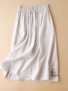 Retro Forest System Embroidered Flax Half Skirt Women Summer Thin Casual Linen Midi A-Line Skirt Artistic High Waist