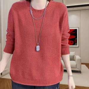 เสื้อสเวตเตอร์ถักคอปกกลมแขนยาวทรงหลวมสำหรับผู้หญิง ฤดูใบไม้ร่วง 2024 เสื้อตัวบนทรงหลวมไซส์ใหญ่ สไตล์เกาหลี เสื้อผ้าทำงาน