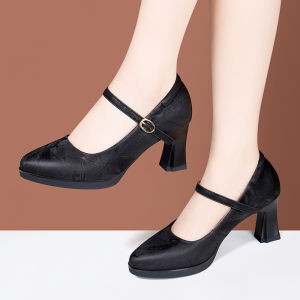 New Chinese Style Comfortable High Chunky Heel Shoes Womens Soft Bottom Single Shoes Match QiPao Horse Face Skirt Show Vintage
