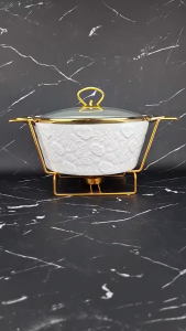 Fiorenza - Prasmanan Keramik Bulat Set Wadah Saji & Panci Penghangat Makanan | Motif Marble Embos Lining List Gold Mewah 712C