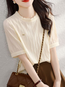 2024 Summer New Style Wooden Ear Edge Age Reduction Short Sleeve Wide Loose Snowflake Shirt Design Feeling Exclusive Womens French Top