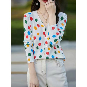 เสื้อสเวตเตอร์ถักคอวีลายจุดสีสันสดใส เสื้อคลุมกันหนาวทรงหลวมสไตล์ฝรั่งเศส ทรงเข้ารูป แขนยาว ปกติ ฤดูใบไม้ร่วง 2024