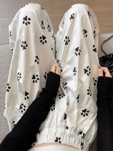 Quần Ống Rộng Ống Đứng Màu Trắng Mỏng Mùa Hè 2025 Dáng Rộng Thoải Mái in Hình Chân Chó Dễ Thương Cho Nữ Cạp Cao