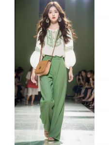 Spring Summer 2024 Green Shirt And Pants Set Womens Fashion Ensemble Two-Piece Suit Commute Style Long Sleeve Regular Length
