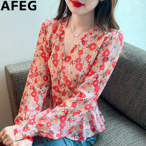 AFEG Korean V-neck fashion waist slimming temperament floral chiffon lantern sleeve blouse
