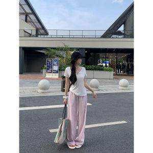 Trendy Lazy Summer Casual Wide Leg Pants Pink