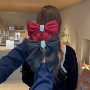 Luckin Mart Korean Big Bow Hair Ribbon Clip Korean Style Simple Wind Red Velvet Grid Hair Clip Claret Bowknot Women Hair Accessories Hairpin