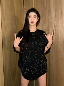 Chao Wassup Glittering Diamond Short Sleeve Womens T-shirt Summer Street Loose Design Sense Top Flashy Cotton round Neck