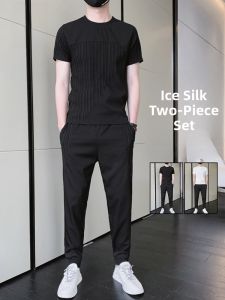 ROMON | Lomond Mens Ice Silk Casual Sports Set Summer Thin Round Neck Short Sleeve T-shirt Running Fitness Long Pants Two-piece