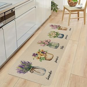 VIKAMA Lavender & Tulip Design Kitchen Floor Mat Decorative Flannel Floor Carpet for Sink Area、Laundry Room 、Dining Room Rug