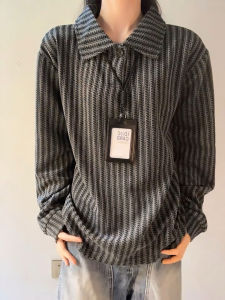 เสื้อโปโลคอวีแขนยาวลายกระดูกปลา ทรงหลวม ผ้าโพลีเอสเตอร์ แฟชั่นฤดูใบไม้ร่วงสำหรับทั้งชายและหญิง