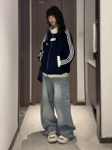 American Style Mens Open Cardigan Sweatshirt Qing Blue Striped Contrast Color College Style Autumn Outerwear Jacket