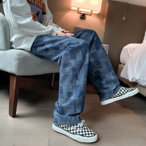 Japanese-Style Retro Gingham Denim Mens High Street Fashion Brand Trendy Hip Hop Loose Harajuku Style Leisure Elastic Waist Loose Pants