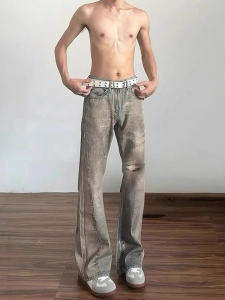 Ripped Micro Flared Jeans Men Summer American Retro Apocalyptic Style Worn out High Street Vibe Straight Leg Jeans