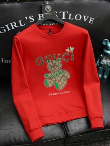 Bright Red Print Bear round Neck Fleece-Lined Sweater Mens Trendy New Year Fall and Winter New Arrival Plus Size Mens Long Sleeve Top