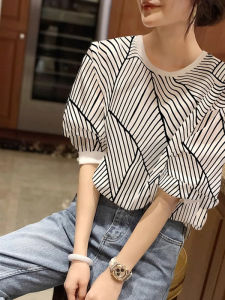 WANGGONGZHU | Princess Style Round Neck Striped Short Sleeve Shirt Womens Summer Fashionable Anti-Aging Hoodie Design Korean Version T-shirt