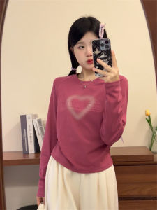 Three-Dimensional Steel Seal Letters Long Sleeves Female Sweet Girl Heart Printing Shoulder T-Shirt Not Midriff Outfit Short Early Autumn Chic Tops