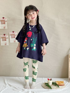 Summer Cartoon Print Short Sleeve T-Shirt for Girls Baby Clothes Cotton 100% Pure Color Loose Fit round Neck Sweat Absorbent