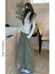 Olive Green High Waist Wide Leg Jeans Womens Loose Slimming Draping Floor-Length Banana Pants Casual Style Water Washed